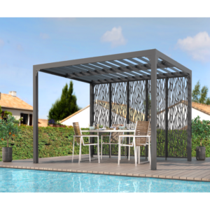 pergola-bioclimatique-aluminium-anthracite-1080m-toit-avec-lames-ovales-5-panneaux-moucharabieh-gris-pour-cote-360m-habrita ....