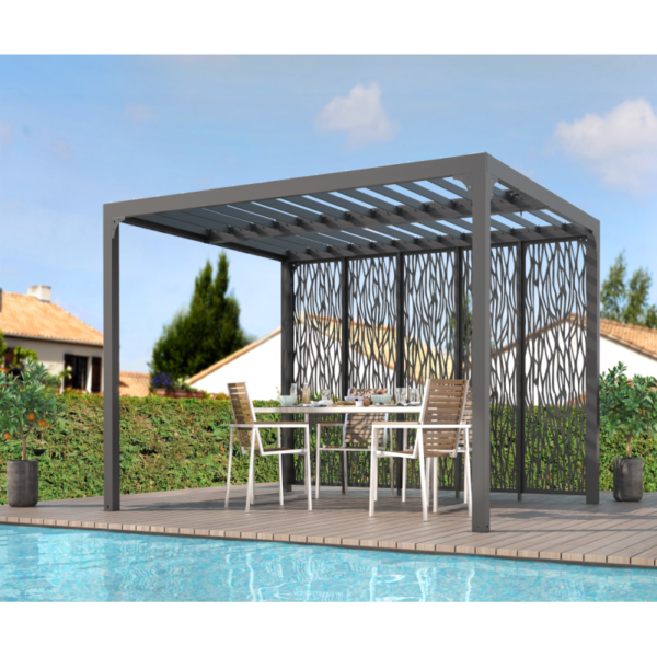 pergola-bioclimatique-aluminium-anthracite-1080m-toit-avec-lames-ovales-5-panneaux-moucharabieh-gris-pour-cote-360m-habrita ....
